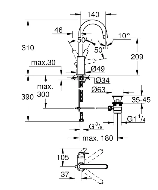 Grohe - BauFlow - Mosdó csaptelep - 23753000 – 2. kép