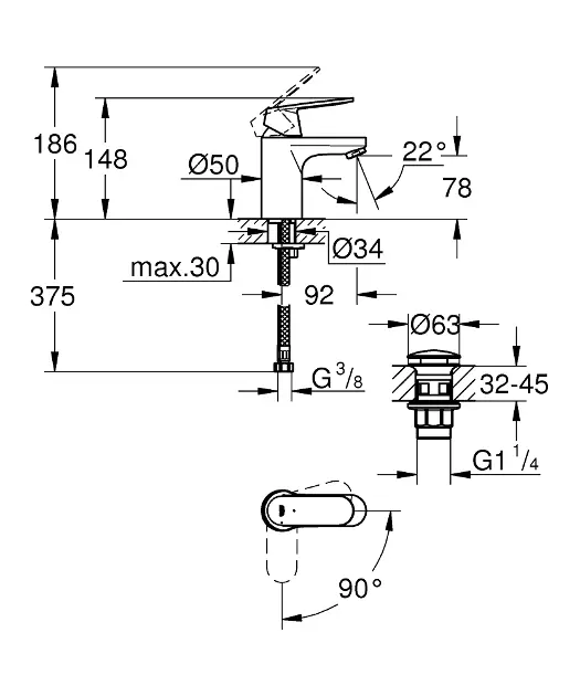 Grohe - Eurosmart Cosmopolitan - Mosdó csaptelep - 23927000 – 2. kép