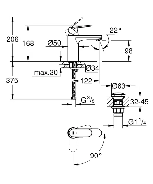 Grohe - Eurosmart Cosmopolitan - Mosdó csaptelep - 23928000 – 2. kép