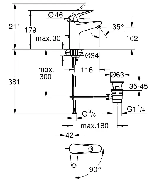 Grohe - Swift - Mosdó csaptelep - 24328001 – 2. kép