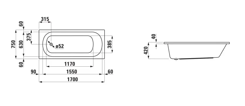 Laufen - Lua - Fürdőkád - H2320800000001 – 2. kép