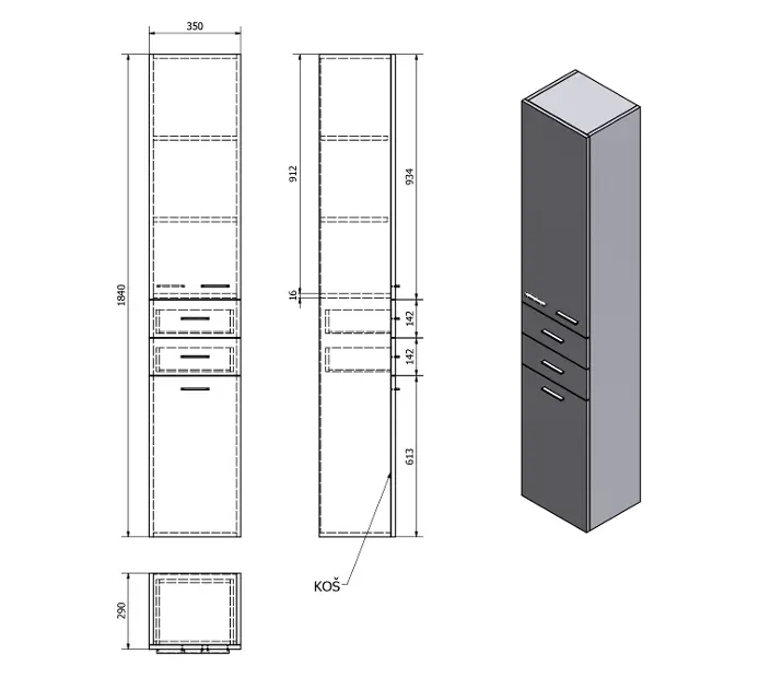 Aqualine - Zoja - Magas fürdőszobaszekrény - 51230 – 2. kép