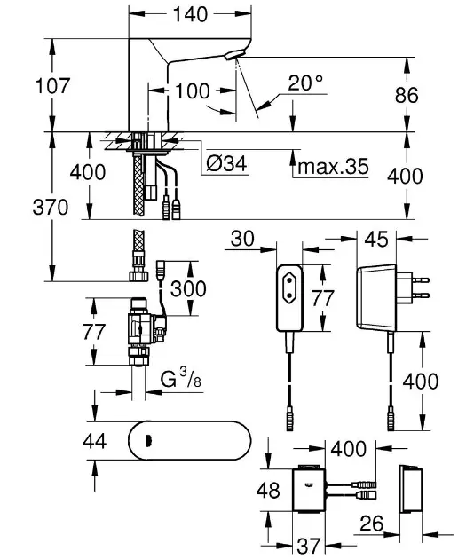 Grohe - Euroeco Cosmopolitan E Bluetooth - Közületi mosdó csaptelep - 36409000 – 2. kép